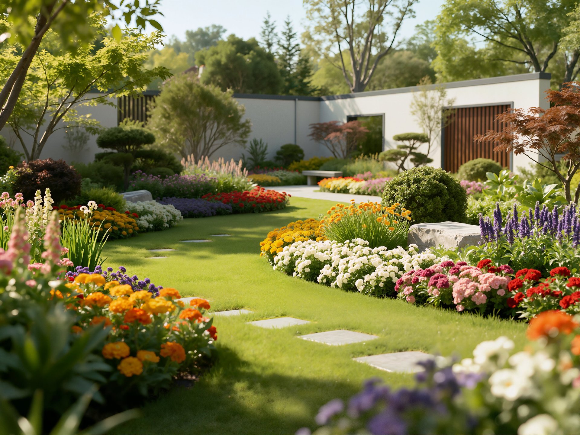 Luxury landscaped garden with stepping stones